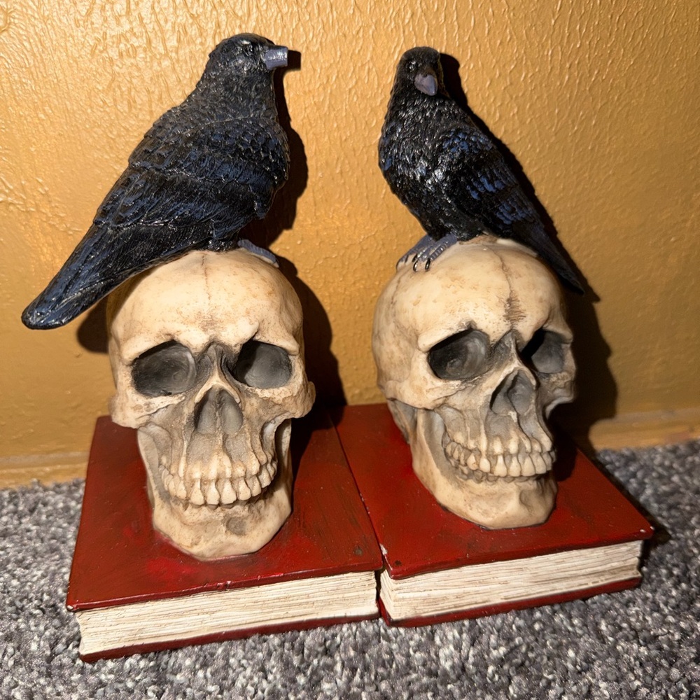 DWK Skull Bird Book End 2 Piece Set Used Pre Owned Collectible Fragile Cool DW U
